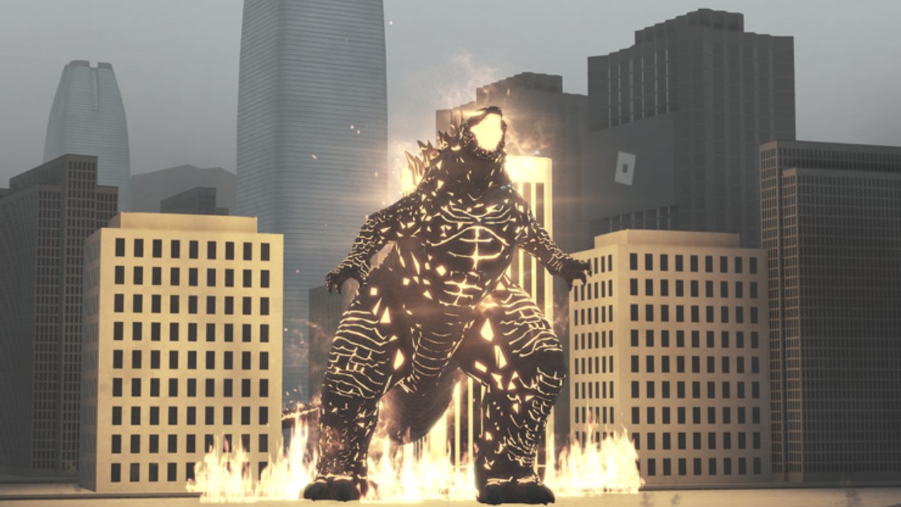 Burning Godzilla roaring in a city plaza in Kaiju Alpha on Roblox
