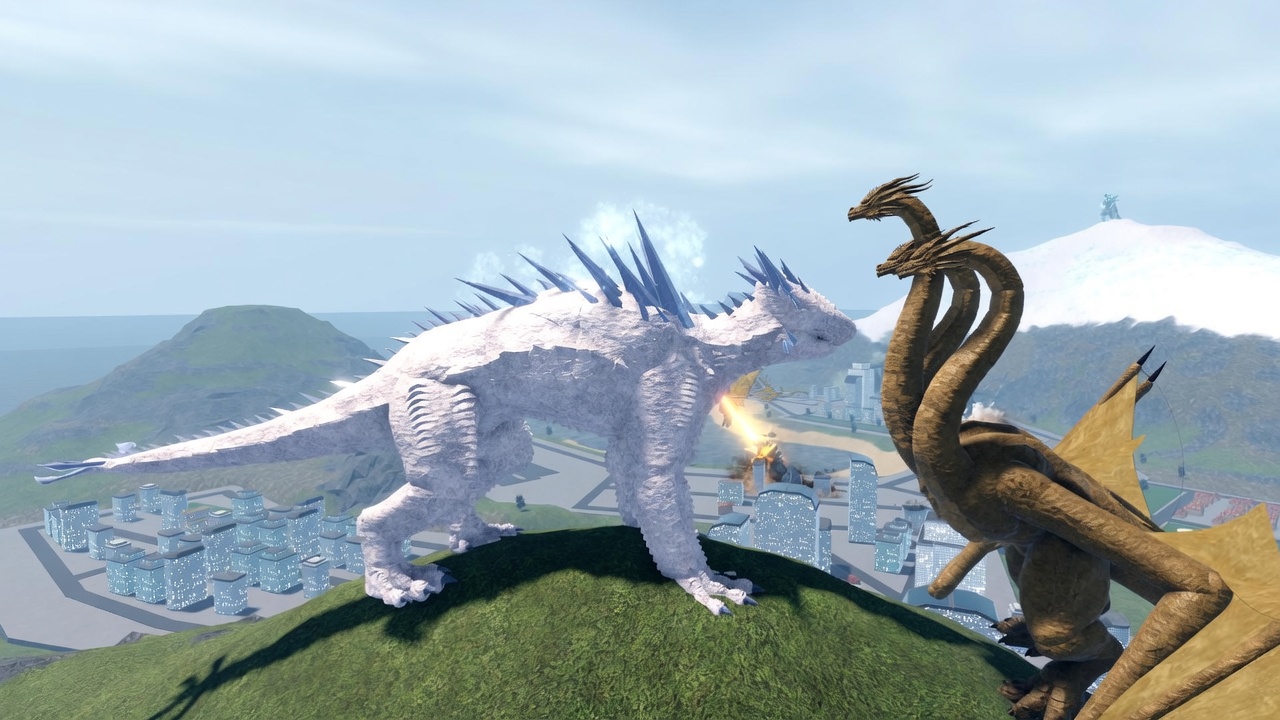 Shimo and Monster Zero facing off above a coastal city in Kaiju Alpha